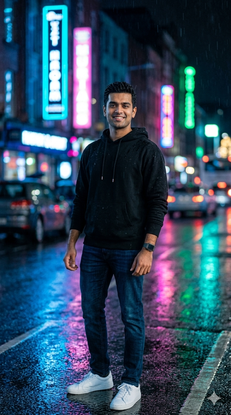 Cinematic Gemini AI boy prompt with neon rain street portrait aesthetic