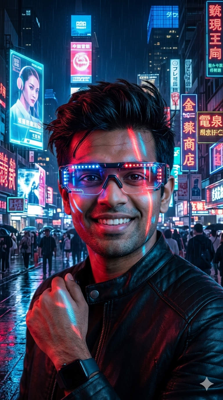 Cyberpunk Gemini AI boy portrait with futuristic neon lights