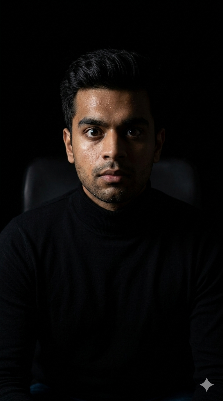 Dark moody Gemini AI boy portrait with dramatic shadows