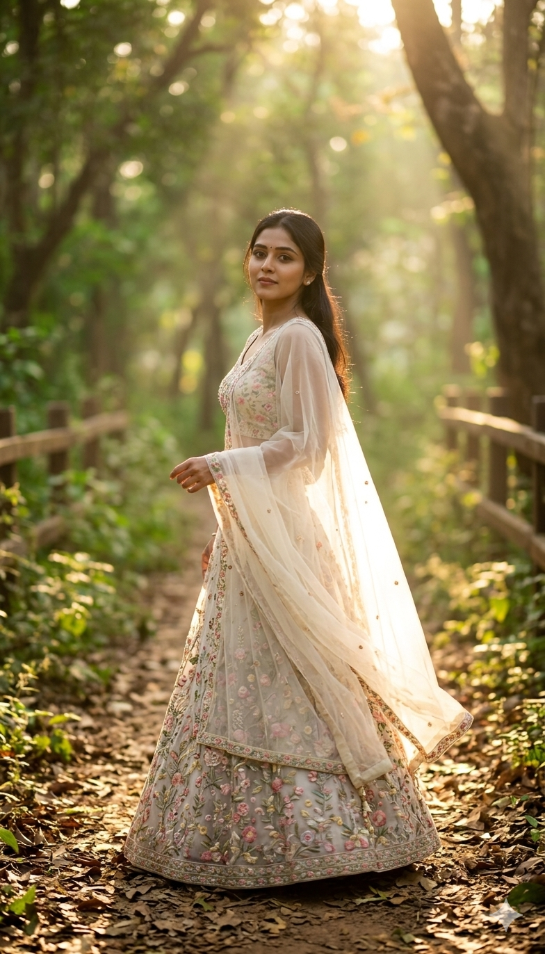 Golden Hour Forest Lehenga Photo Editing Prompt for Girls