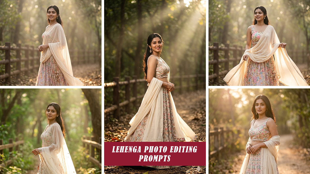 Trending lehenga photo editing prompts for girls using AI photo editing, Lightroom presets, cinematic effects, and Instagram pose ideas