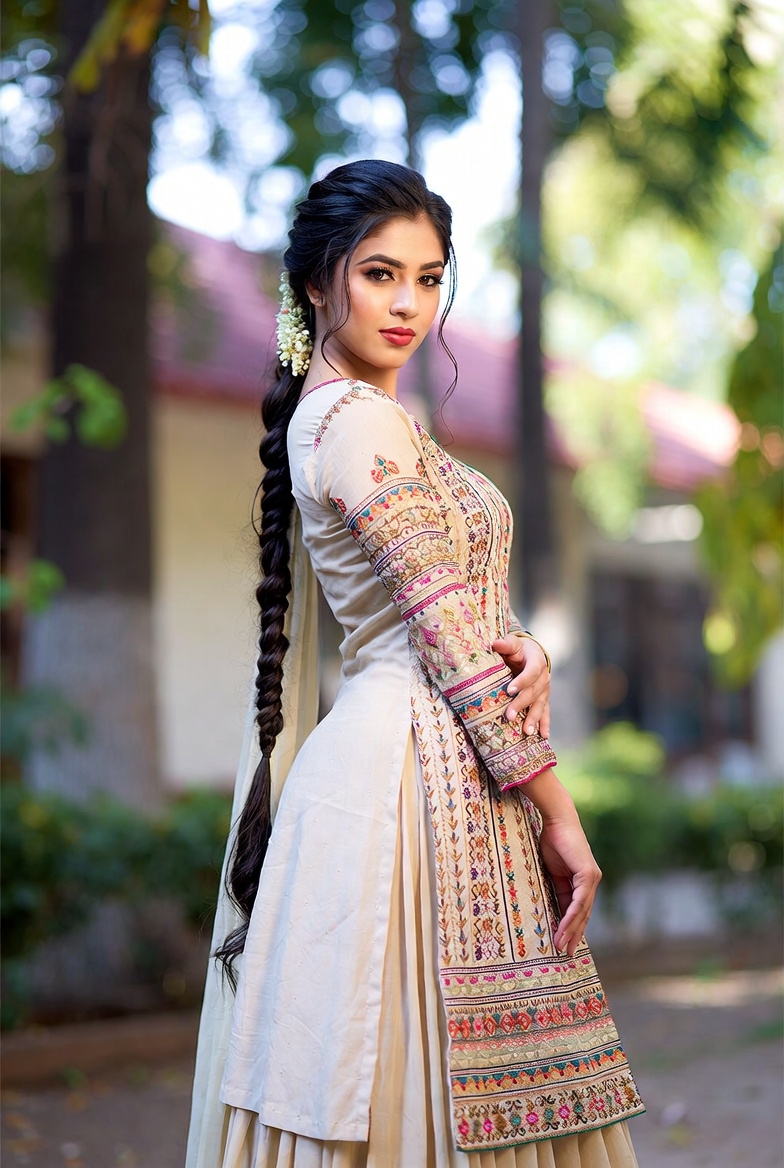 Elegant Embroidered Kurta with Braided Hair and Floral Accents